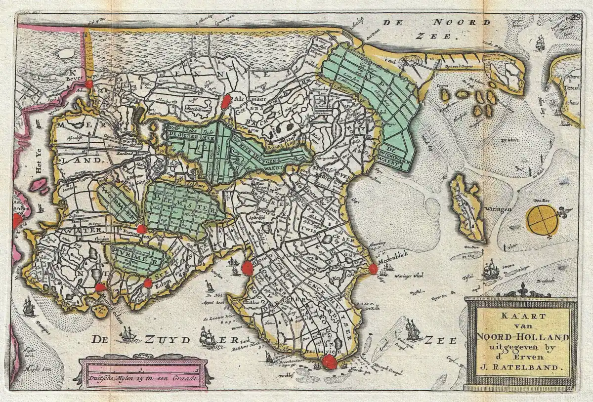 Kaart van Noord-Holland uit 1747, met Alkmaar, Purmerend, Beverwijk en de Zuiderzee